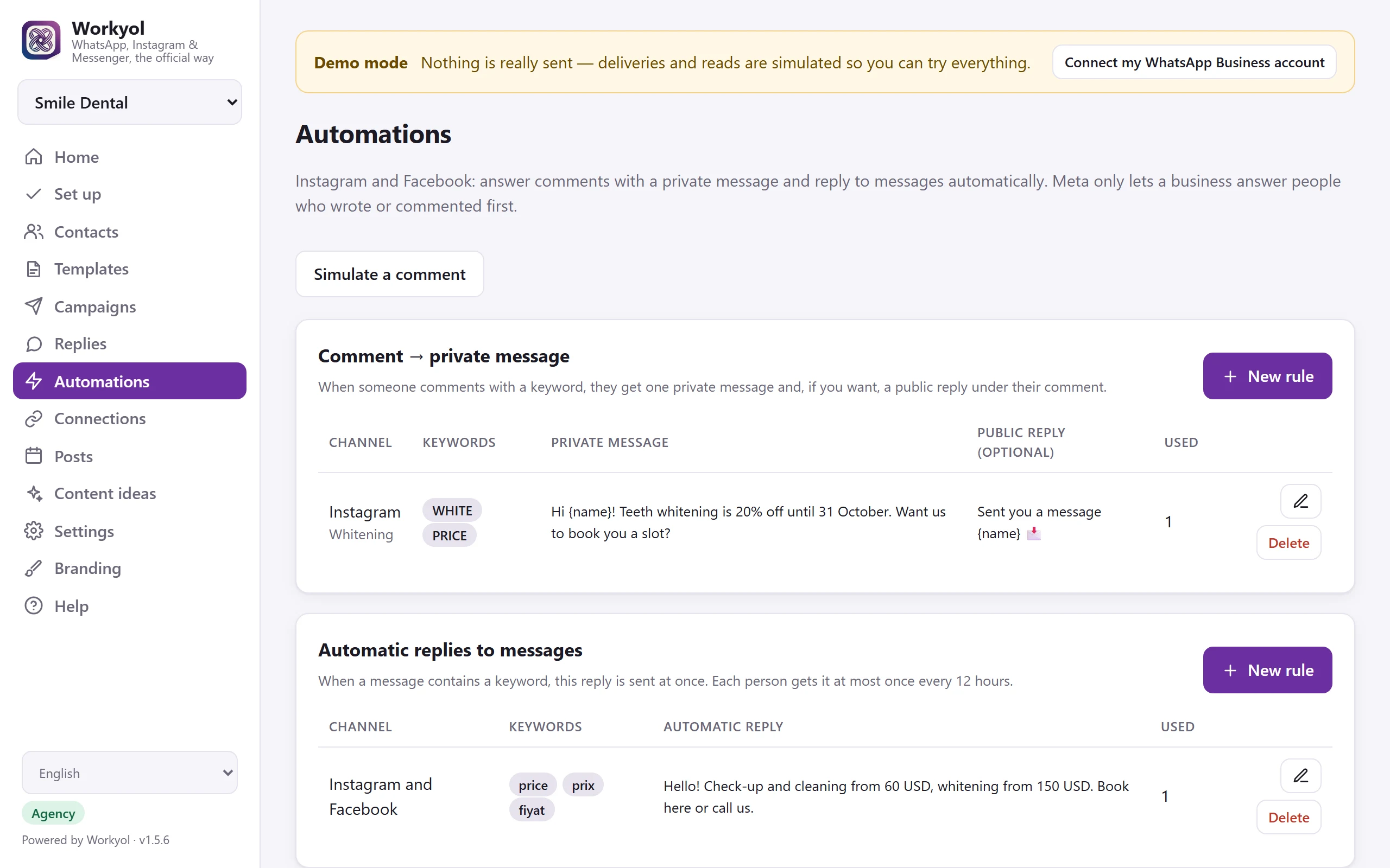 Automations: comment-to-DM rules, automatic replies and the latest comments