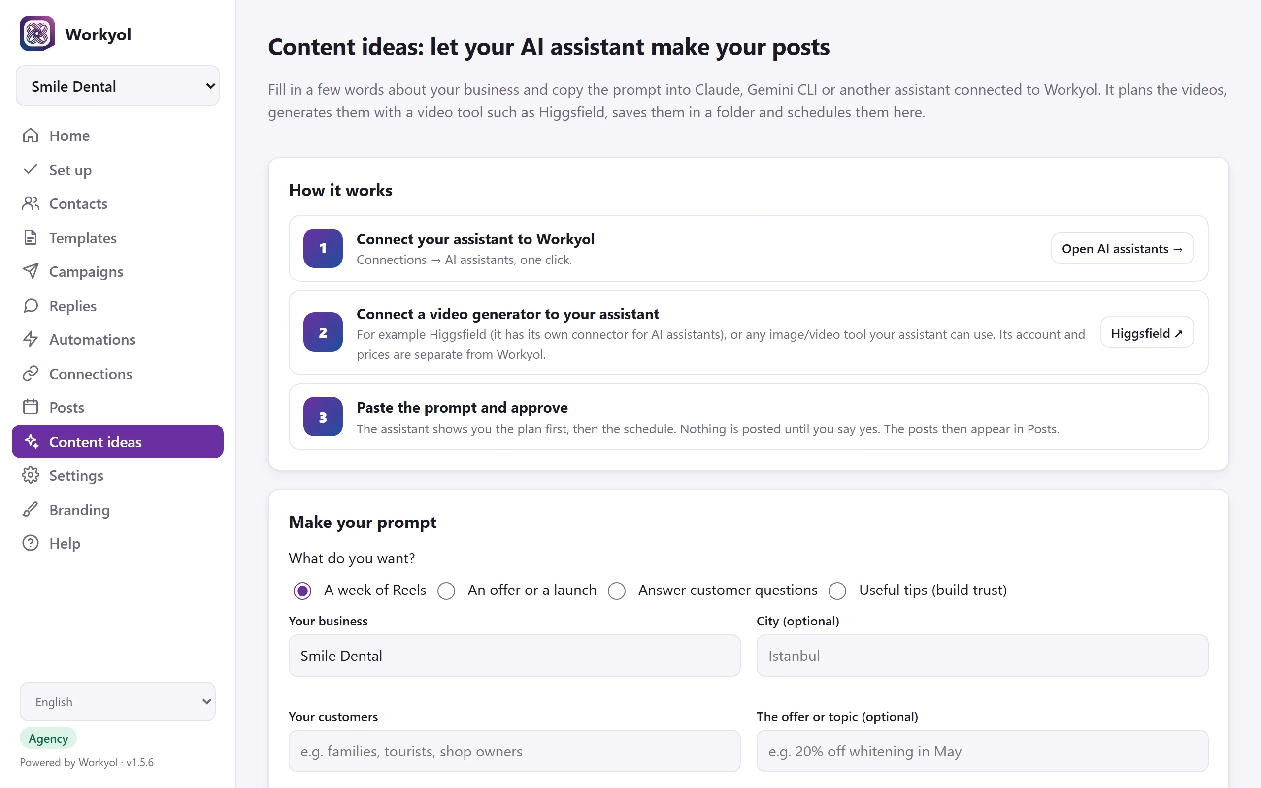 Content ideas page in Workyol
