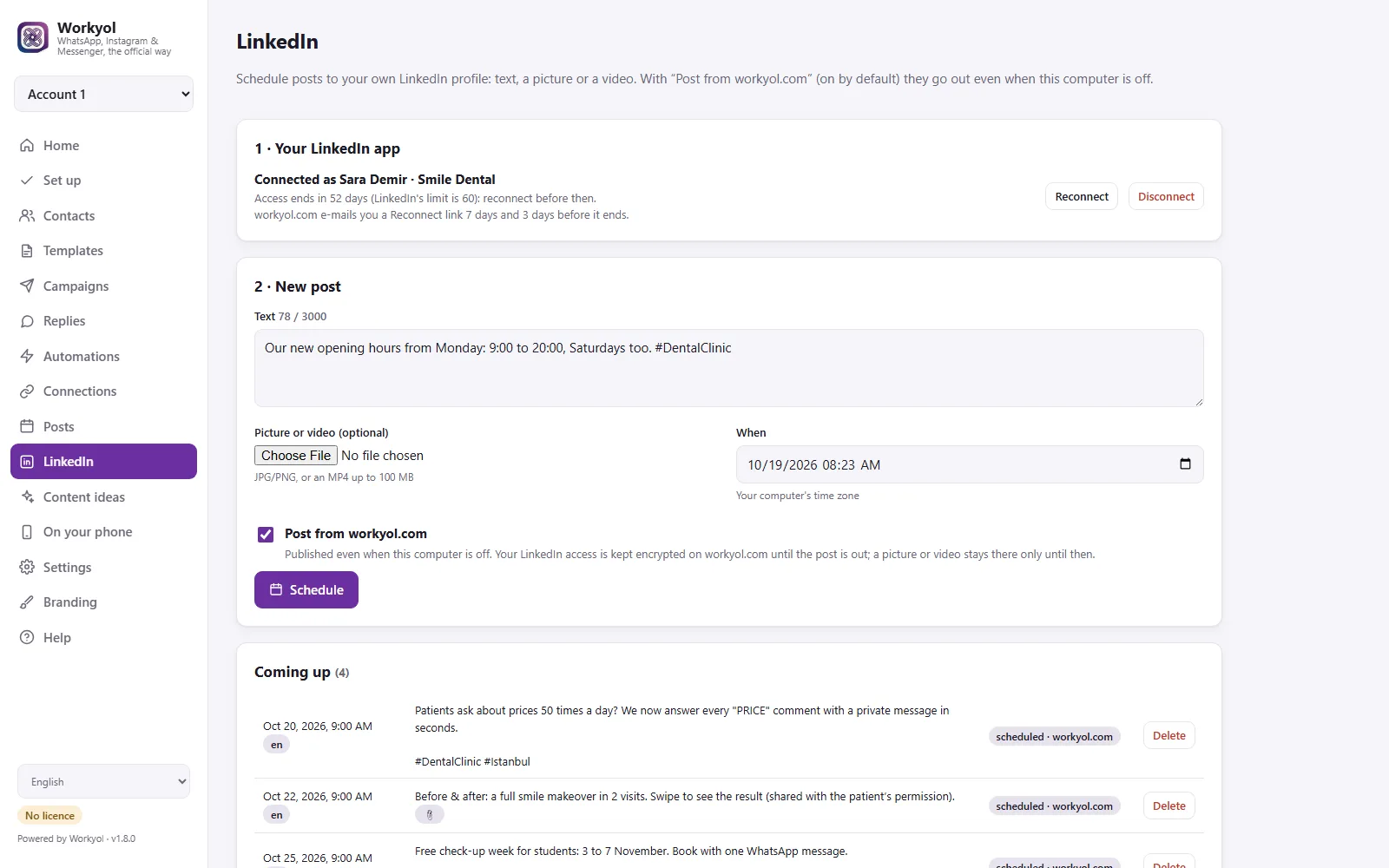 Scheduled LinkedIn posts in Workyol