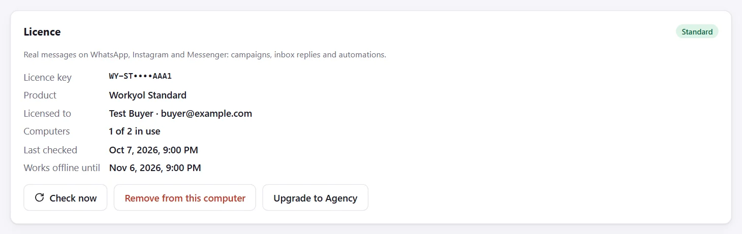 The Licence card in Workyol Settings after activation