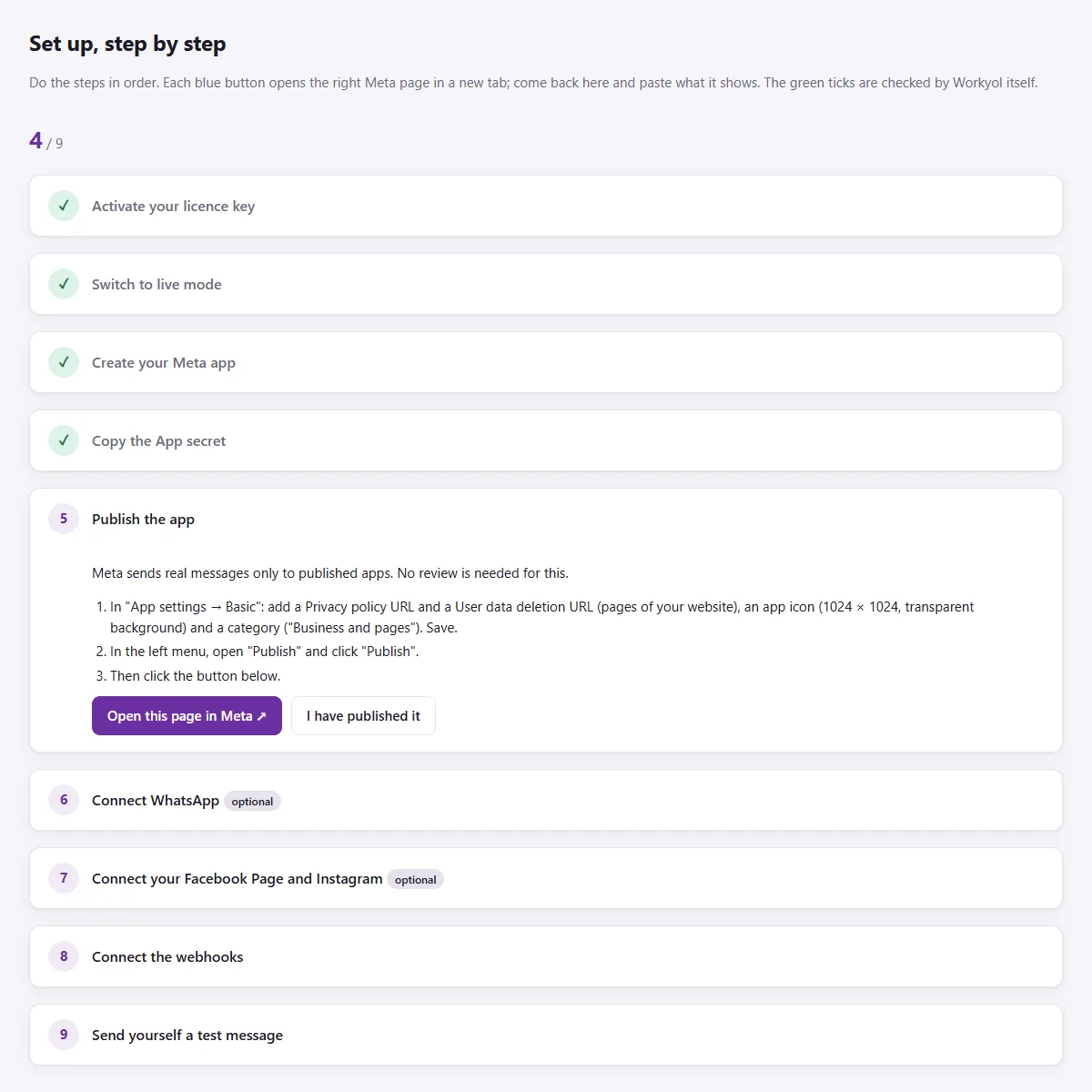 The Set up page in Workyol with 9 numbered steps